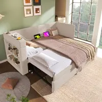 STILVORA slaapbank 90x190 met uitslaapfunctie en bekerhouder, dagbed met USB- en TYPE-C oplaadpoort en opbergruimte, enkel bed van linnen, zonder matras, beige