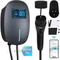 Puluomis Wandlader 22kW, laadkabel 7m, Type 2 met houder, EV-lader 3-fas, instelbaar van 6-32A, IP65, met WLAN & Bluetooth, 24-uurs timer, grijs