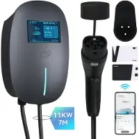 Puluomis Wandlader, 11kW, laadkabel 7m, Type 2 met houder. EV-lader, 3-fas, instelbaar van 6-16A, IP65, met WLAN & Bluetooth, 24-uurs timer, grijs