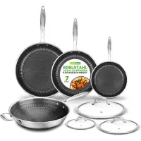 Nutrichef roestvrijstalen pannenset, 7-delig – koekenpannen 20 cm, 25 cm, 30 cm + wok