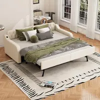 OKWISH uitschuifbaar bed met matras van 90 x 200 cm, gemaakt van massief hout, met een uitschuifbaar bijbed en een USB-poort, kinderbed voor kinderen en jongeren, beige