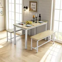 UnboxG Eettafelset 110 cm met 2 banken, keukentafel 3-delig, tafelblad met houtlook en wit metalen frame, geschikt voor 2-4 personen