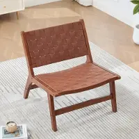 MODFU Vrije-tijds stoel, keukelstoel met gevlochten zitvlak, eethoekstoelen met houten frame, compacte loungefauteuil zonder armleuningen voor woonkamer en leeshoek, bruin