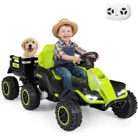 Costway 24V Elektrische tractor, opzittractor met afneembare aanhanger en LED-koplampen, elektrische tractor met 2 rijmodi en afstandsbediening, elektrische auto voor kinderen vanaf 3 jaar