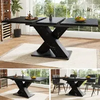 Great han Uitschuifbare eettafel, zwart met marmerlook, modern X-design eettafel voor 4-6 personen, 119-159x80x75 cm