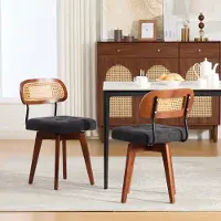 MODFU Set van 2 draaistoelen, 360° draaibaar, met rotan rugleuning, keukenstoel met beklede chenille zitting, eetkamerstoelen, zwart