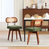 MODFU Set van 2 draaistoelen, 360° draaibaar, met rotan rugleuning, keukenstoel met beklede chenille zitting, eetkamerstoelen, groen