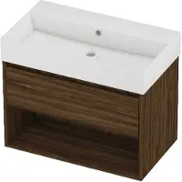 Proline Zara Badmeubel 80x46cm - 1 Lade Met Schap - Greeploos - Wastafel Midden Glans Wit - Zonder Kraangat - Cabana Oak - Badkamermeubels, Badmeubel