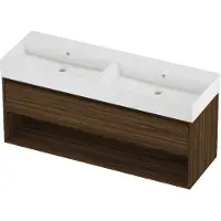 Proline Zara Badmeubel 140x46cm - 1 Lade Met Schap - Greeploos - Wastafel Dubbel Glans Wit - Zonder Kraangat - Cabana Oak - Badkamermeubels, Badmeubel
