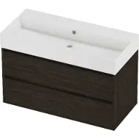 Proline Zara Badmeubel In Kader 100x46cm - 2 Laden Symmetrisch - Greeploos - Wastafel Midden Glans Wit - Zonder Kraangat - Mokka Oak