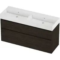Proline Zara Badmeubel In Kader 140x46cm - 2 Laden Asymmetrisch - Greeploos - Wastafel Dubbel Glans Wit - Zonder Kraangat - Mokka Oak