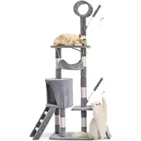 VOUNOT Kraboom, 155 cm, meerlaags kattenmeubel met krabpalen en een hol, grijs