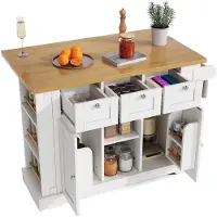 Sonstiges Mobiele keukentafel, 132 cm, landelijke stijl, inklapbaar werkblad met stopcontact en USB-poort, 5 wielen, wit