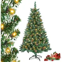 XMTECH 150 cm PVC kunstkerstboom met warm witte LED-verlichting, kerstboom met sneeuw en dennenappels, kerstdecoratie