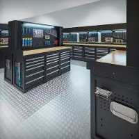 Datona Werkbank PRO – 2x 400 cm - eiken – 72 lades en 4x afsluitbare gatenbordkast – Zwart
