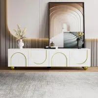 Sonstiges TV-meubel met gouden details en gestructureerde deuren, TV-kast voor de woonkamer, 170x38x44 cm, wit