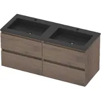 Basic Line Aura 46 Badmeubel 120x46x54cm - 4 Lades - Greeploos - Wastafel Dubbel Mat Zwart - 2 Kraangaten - Dusk Oak - Badkamermeubels, Badmeubel Sets