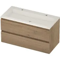 Basic Line Aura 46 Badmeubel 100x46x54cm - Greeploos - Wastafel Midden Glans Wit - 2 Kraangaten - Pure Oak - Badkamermeubels, Badmeubel Sets