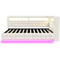 OKWISH Gestoffeerd Slaapbankbed 90x200 cm - Met Ledverlichting En Oplaadpunten - Hydraulische Opbergruimte - Houten Planken - Fluweel - Beige - Zonder Matras