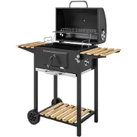 Outsunny roestvrijstalen houtskoolgrill, mobiele grillwagen met deksel en thermometer