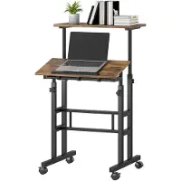 HOMCOM verstelbaar bureau/keukentafel met plank en wielen, bruin