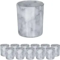 Relaxdays theelichthouders set van 12 - glas met marmer look - HxØ: 8,5 x 7 cm - sfeerverlichting - grijs
