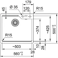 Franke spoelbak URBAN UBG 610-56 in ONYX met excenteraansluiting, draaiknop, roestvrij staal / uitsparing 540 x 480 mm, R15 / granieten spoelbak