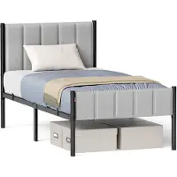 Vasagle Eenpersoonsbedframe met zacht hoofdbord en stevig metalen frame, 207 x 141,5 x 104 cm