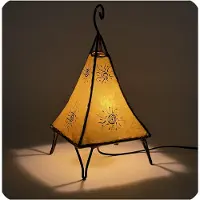 SIMANDRA Oosterse lamp, hennep lamp, Marokkaanse lederen lamp, tafellamp, vloerlamp, piramide, zon, 35-38 cm, geel