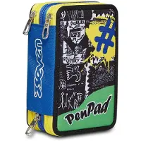 Seven etui, multicolor, etui voor schrijfgerei, etui met pennen, balpennen en meer, 3 compartimenten, geschikt voor meisjes en jongens, school - basisschool, XXL, geel/blauw