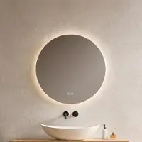 Emke LED Badspiegel, 60 cm, rond. Spiegel voor de badkamer met verlichting, 3 lichtkleuren (3000-6500K): koud wit, neutraal wit, warm wit. Dimbaar, met touchschakelaar