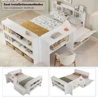Merax houten kinderbed 120x200 cm met bureau, opbergruimte en klapdeur, multifunctioneel bed met voeteneindplank, zijpaneel links/rechts monteerbaar, wit