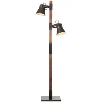 Brilliant Vloerlamp Plow | Vintage leeslamp met 2 lampen | Zwart, staal/hout | 2x E27, max. 10W | IP20