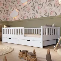 Crazy Pine kinderbed met lade, 200x120 cm – Massief houten Montessori vloerbed in wit, met valbeveiliging – Crazy Basic