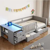 STILVORA kinderbed 90x200 cm met bureaufunctie en stopcontact, multifunctioneel bed met LED-verlichting en twee lades, eenpersoonsbed met opbergruimte en planken