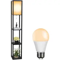 Puluomis 3-laags staande lamp, vloerlamp met 8W lamp, E27 fitting, binnenverlichting voor slaapkamer en woonkamer, met houten plank, zwart, 160cm