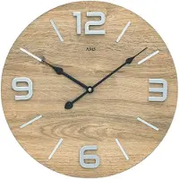 AMS W9701 - Wandklok - Analoog - Rond - Hout - Metaal - Cijfers - Streepjes - Crème Hout kleur - Zwart - Zilverkleurig - D 40 x 4 cm