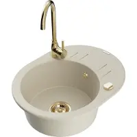 Mexen Kevin granieten spoelbak 1-komorig met afdruiprek en keukenmengkraan Telma, beige - 6517-69-670200-50