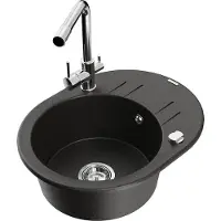 Mexen Kevin granieten gootsteen, 1-koerig met afdruiprek en Duero keukenkraan, zwart/goud metallic - 6517-75-671600-00