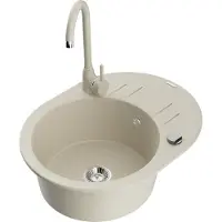 Mexen Kevin granieten gootsteen 1-kompartment met afdruiprek en keukenmengkraan Telma, beige - 6517-69-670200-69