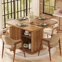 MODFU Eettafel 80 x 80 cm, vierkante eettafel voor de eetkamer of keuken met geïntegreerde opbergruimte en 2 legplanken, salontafel met modern reliëfdesign en houtlook