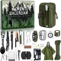 Sonstiges Tactische overlevingskalender met 24 dagen, inclusief heuptas, blaasbalg voor vuur maken en poncho | Overlevingskit voor outdoor en kamperen