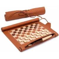 Spies Online Damspel in Luxe Leren Reisuitvoering – Oprolbaar Dambord 36 x 26 cm – Cognac Bruin – Compleet Reisspel met Damstenen & Opbergvak – Draagbaar Bordspel voor 2 Spelers
