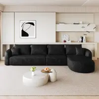 OKWISH 3-zits L-vormige hoekbank met een chaise longue aan de rechterkant, woonkamerbank met compacte vulling, bank zonder armleuningen, zwart