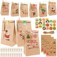 Merkloos DIY Adventskalender, 24 Kraft papieren tassen, zelfklevende cijfers, kerststickers, jute touw 10 m