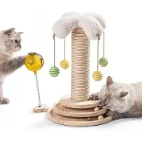 Benza Ibenzoa 4-in-1 kraboom voor katten – Sisal krabpaal van natuurlijk hout, 45 cm, met hangende ballen, massage-accessoire, knikkerbaan, en 4 antislip rubberen pads