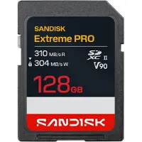 SanDisk Extreme PRO SD UHS-II V90 kaart - 128GB, 128 GB, SDXC, 310 MB/s, 304 MB/s, V90, zwart