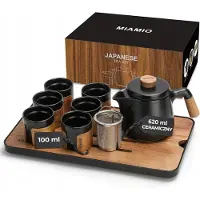 House Merkloos Theeservies Keramiek: 6 Kopjes (100ml), Kan (620ml) & Houten Dienblad