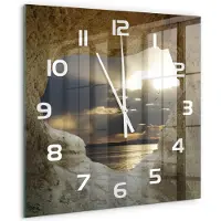 Tulup Wandklok - Zeegrot Wandklok Glas Met Motief - 60x60 cm - Beige Decoratieve Glazen Klok - Witte handen - Vierkante Klok - Gekleurde Glazen Klok - Glazen Klok Met Print