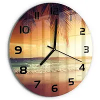 Tulup Wandklok - Tropisch strand Klok Glas Met Opdruk - fi30 cm - Oranje Moderne Wandklok Glas - Zwarte handen - Ronde Klok - Decoratieve Glazen Klok - Glazen Wandklok Design